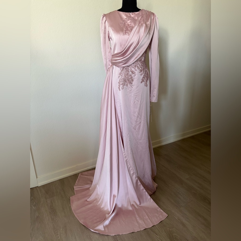 Blush Pink Long-Sleeve Draped Evening Gown